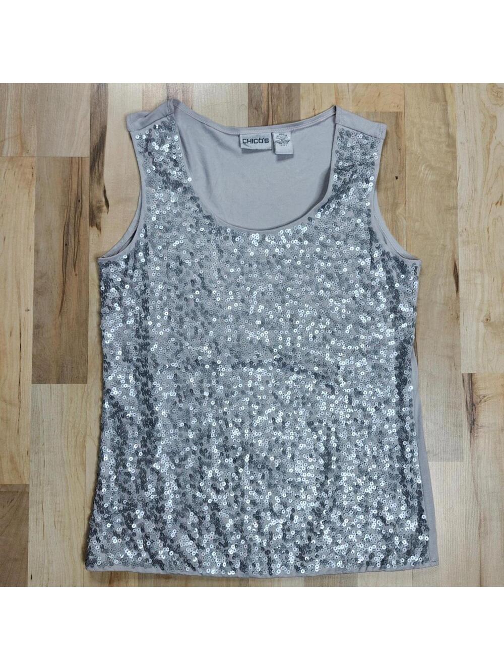 Chico's Sequin Tank Top Sleeveless Sparkly Party Top Silver Size 0
